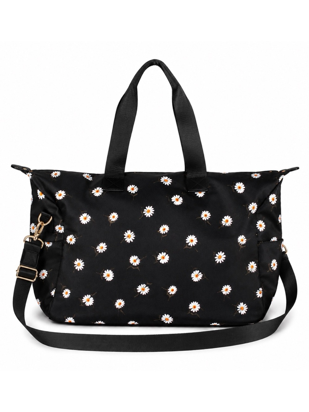 Alice + Olivia Black Daisy Print Canvas Weekender Duffel Travel Bag